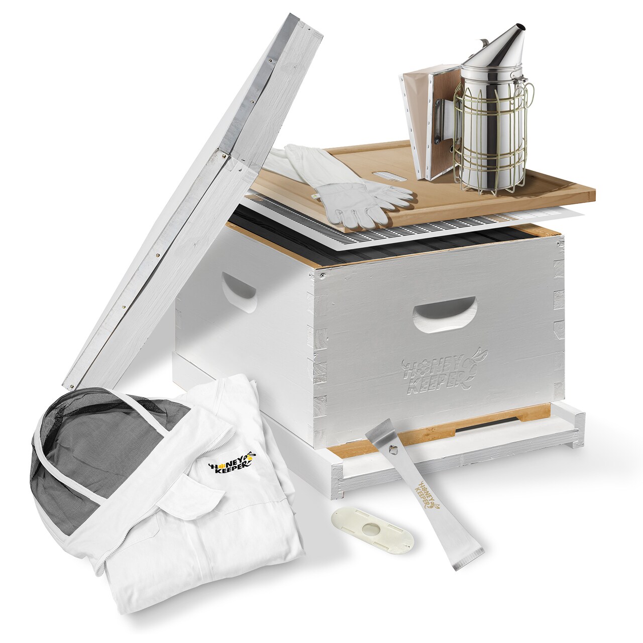 Honey Keeper Starter Beehive Kit (1 Deep Hive Body) with Essential Starter Supplies Tool Kit for Langstroth Beekeeping, Fully Assembled and Painted